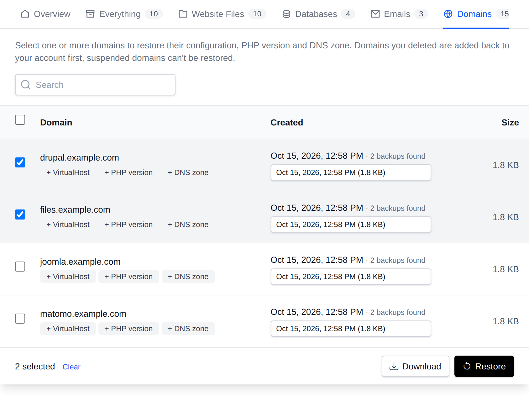 Domains tab with two domains selected, each tagged with VirtualHost, PHP version and DNS zone and a dropdown to pick the backup