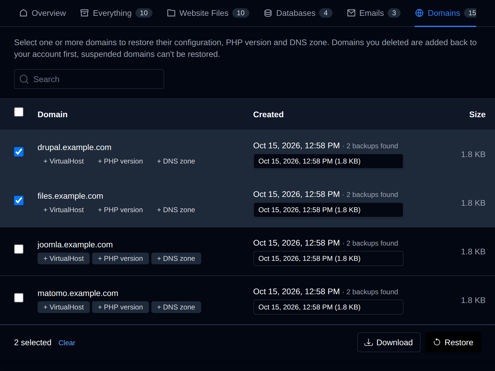 Domains tab with two domains selected, each tagged with VirtualHost, PHP version and DNS zone and a dropdown to pick the backup