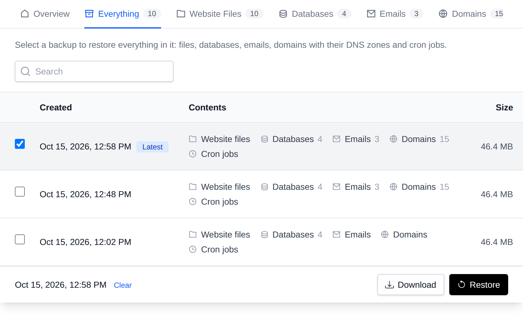 Everything tab listing backups with their contents and size, one selected with the Download and Restore buttons