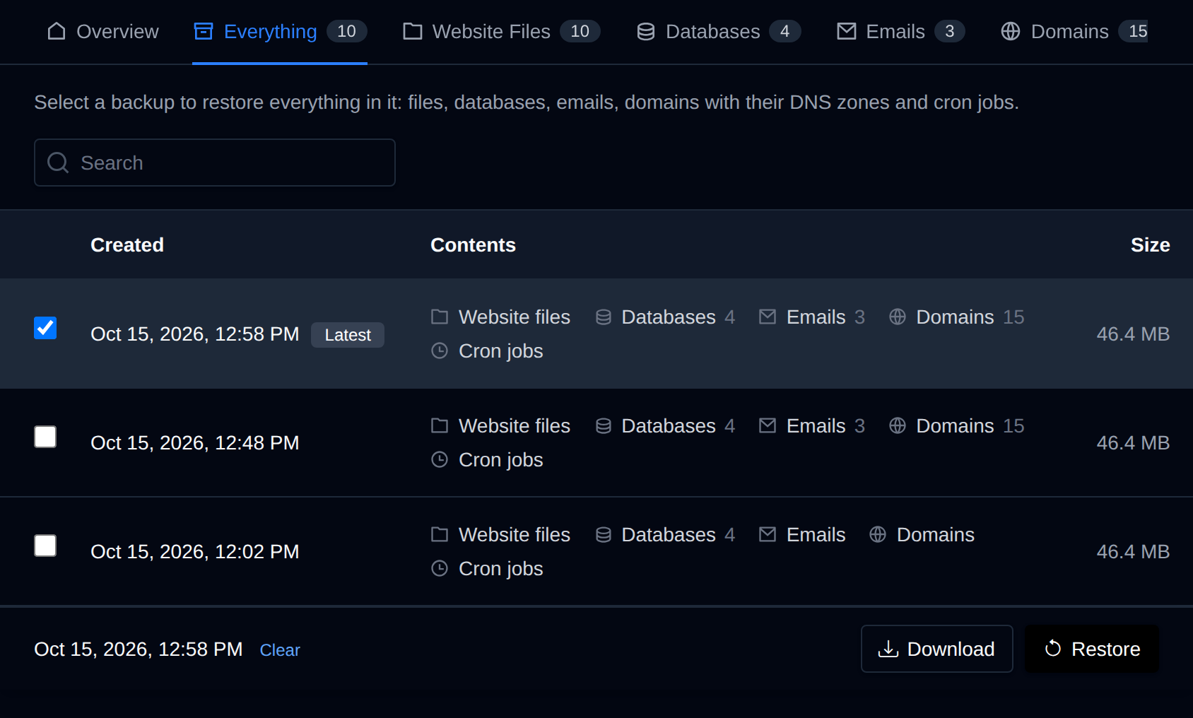 Everything tab listing backups with their contents and size, one selected with the Download and Restore buttons