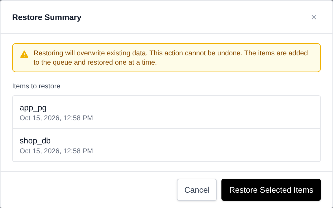Restore Summary dialog listing the selected databases and the Restore Selected Items button