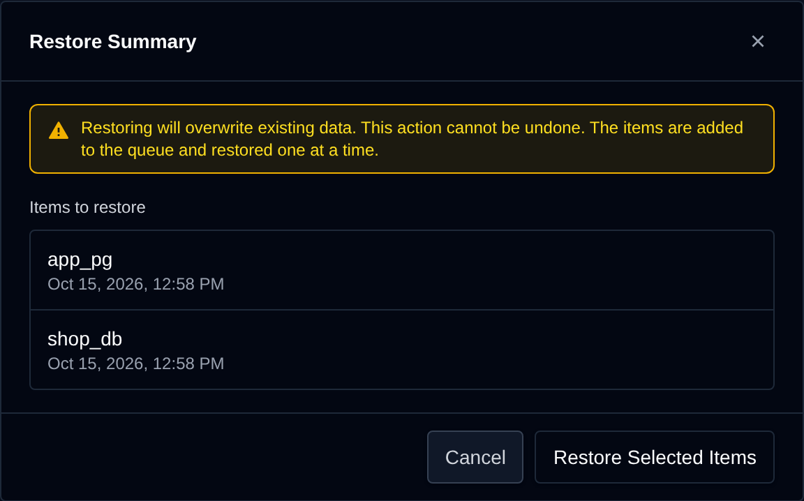 Restore Summary dialog listing the selected databases and the Restore Selected Items button