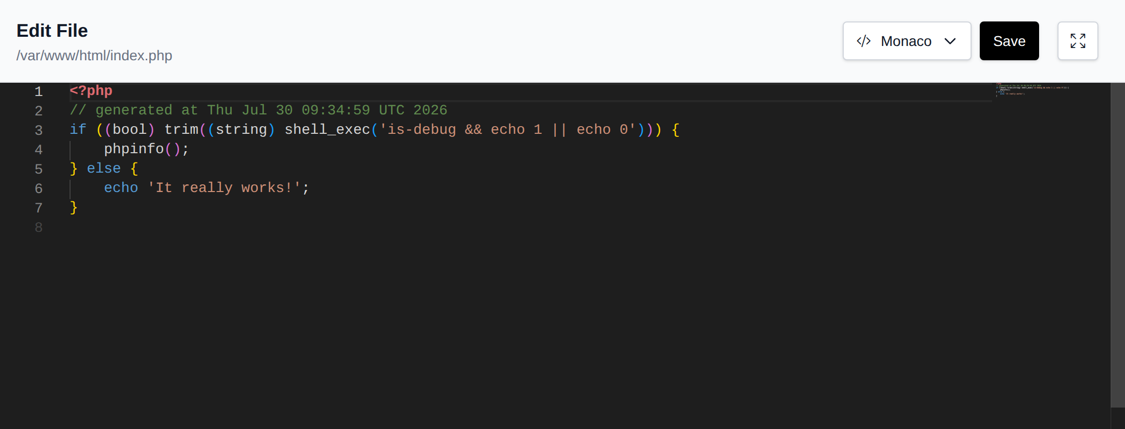 File editor with syntax highlighting and the Save button