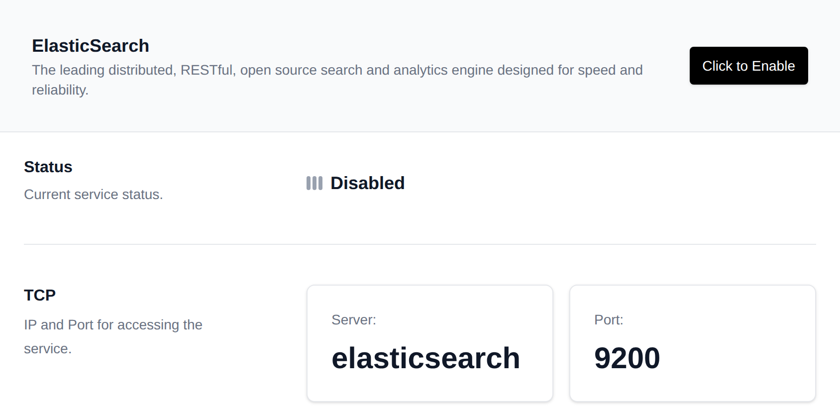 ElasticSearch page with the service status, TCP server and port
