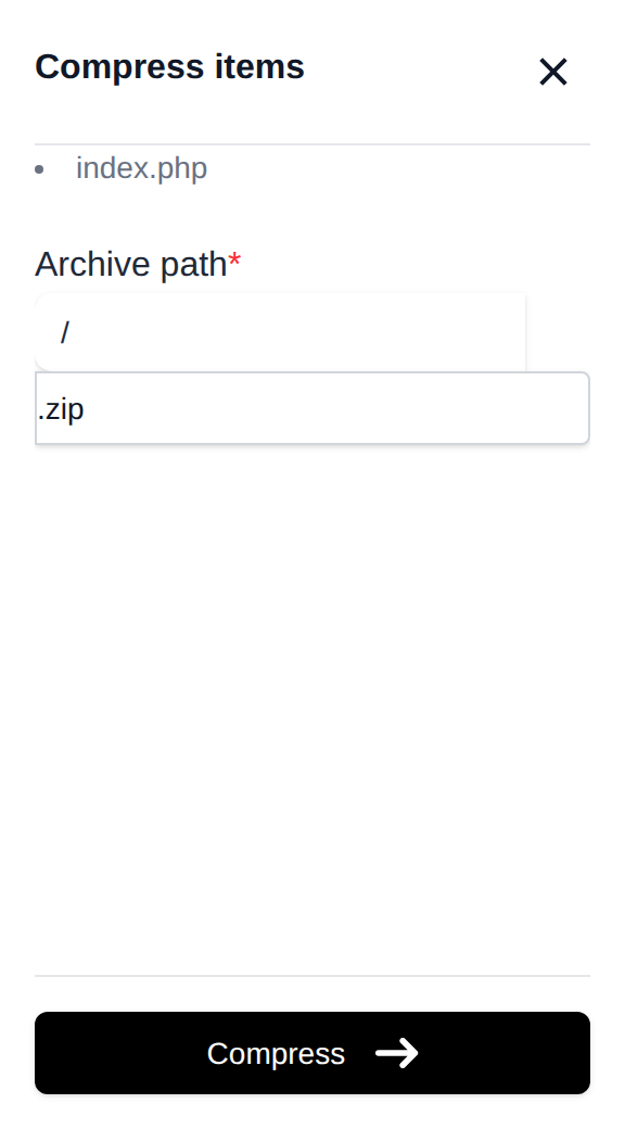 Compress items drawer listing the selected files and the archive path and extension