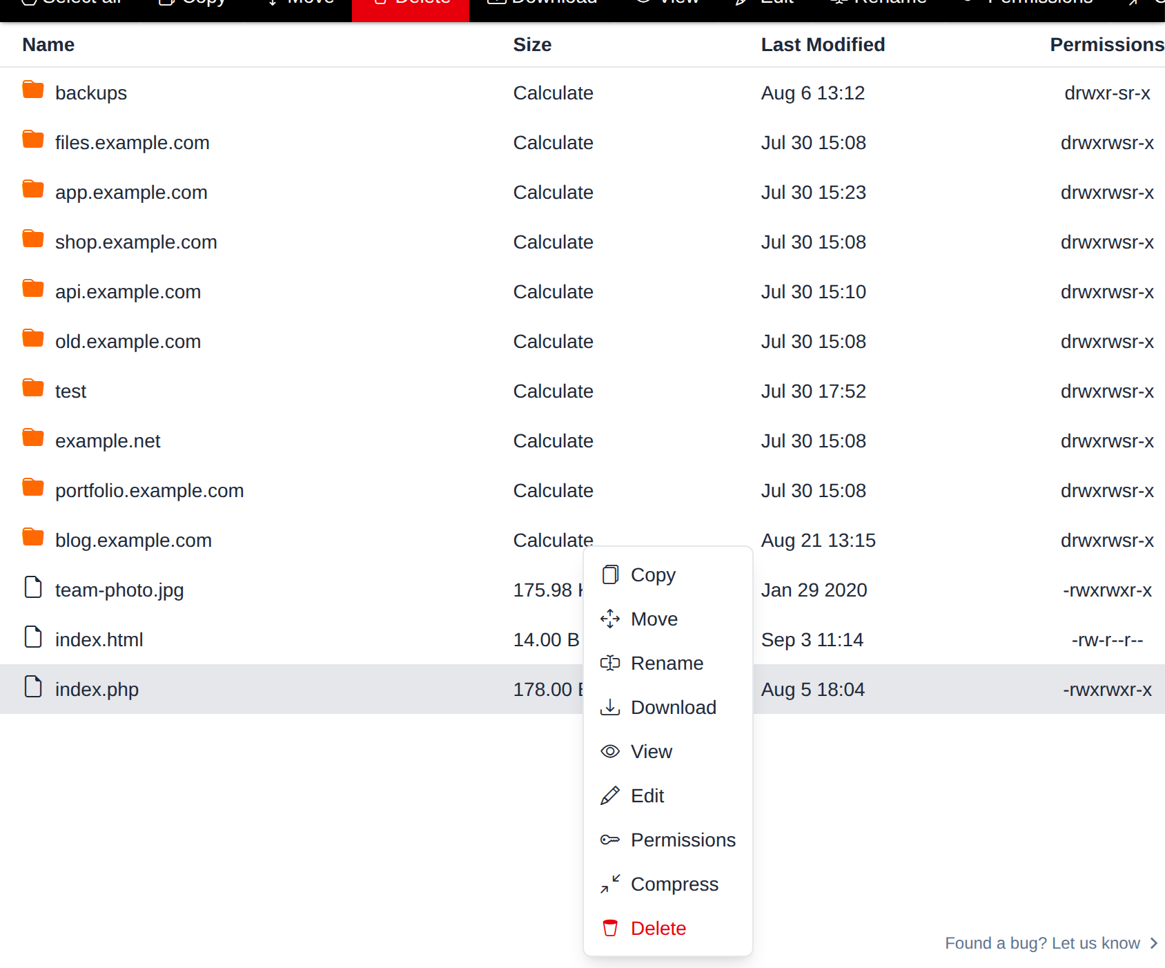 Right-click menu on a file with Copy, Move, Rename, Download, View, Edit, Permissions, Compress and Delete