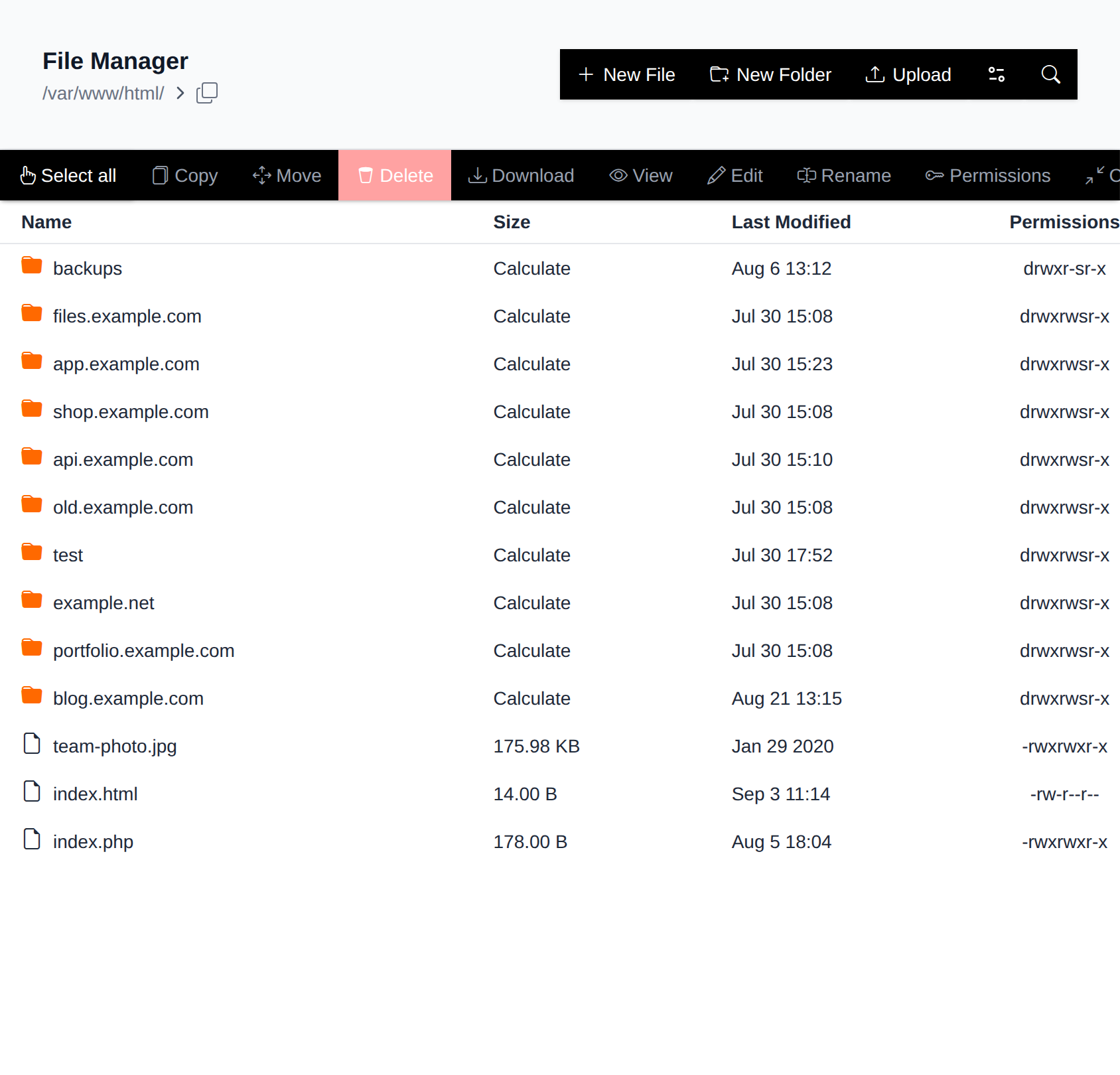 File Manager listing the folders and files in /var/www/html with their size, modification date and permissions