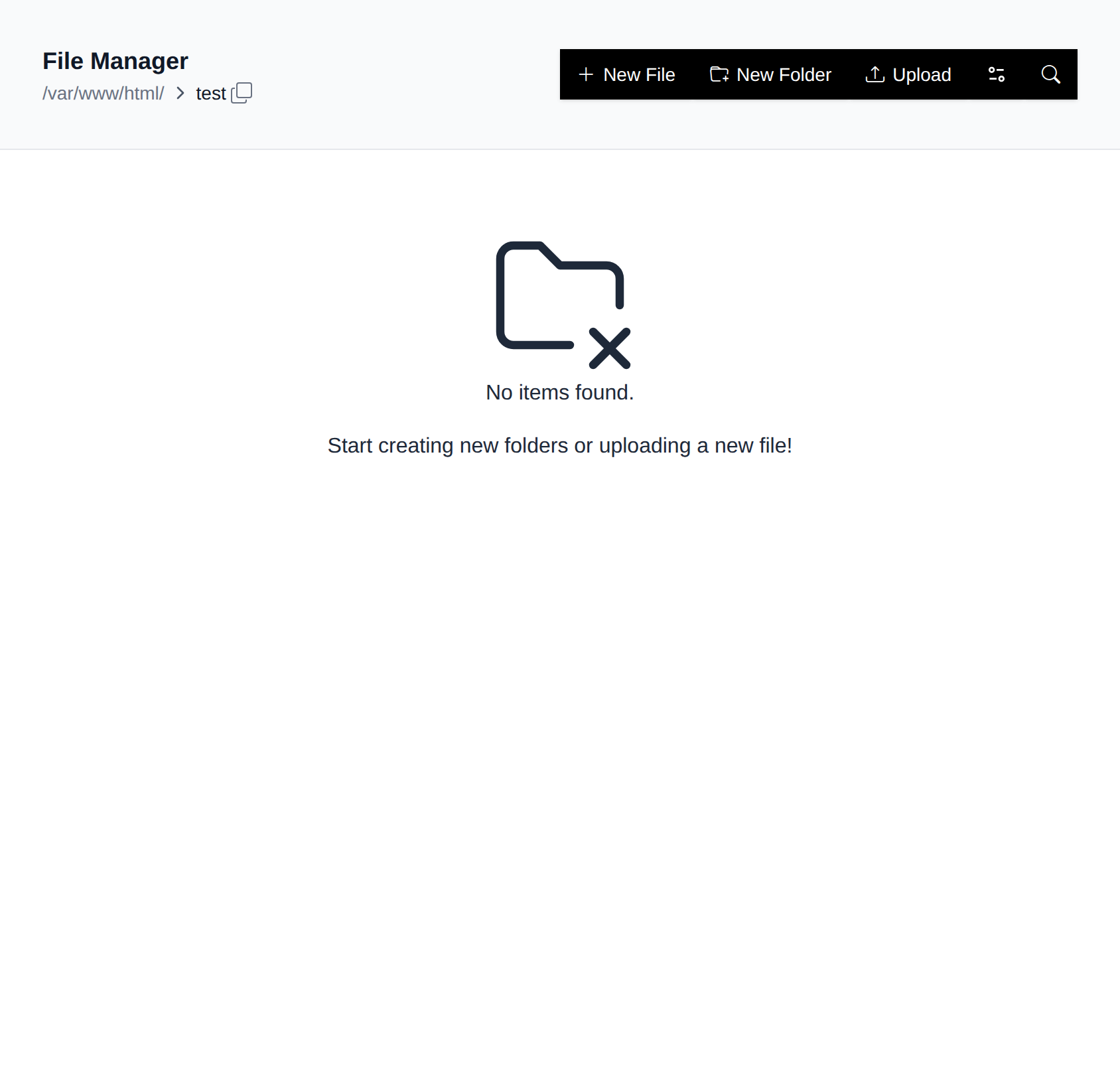 File Manager showing an empty folder with the No items found message