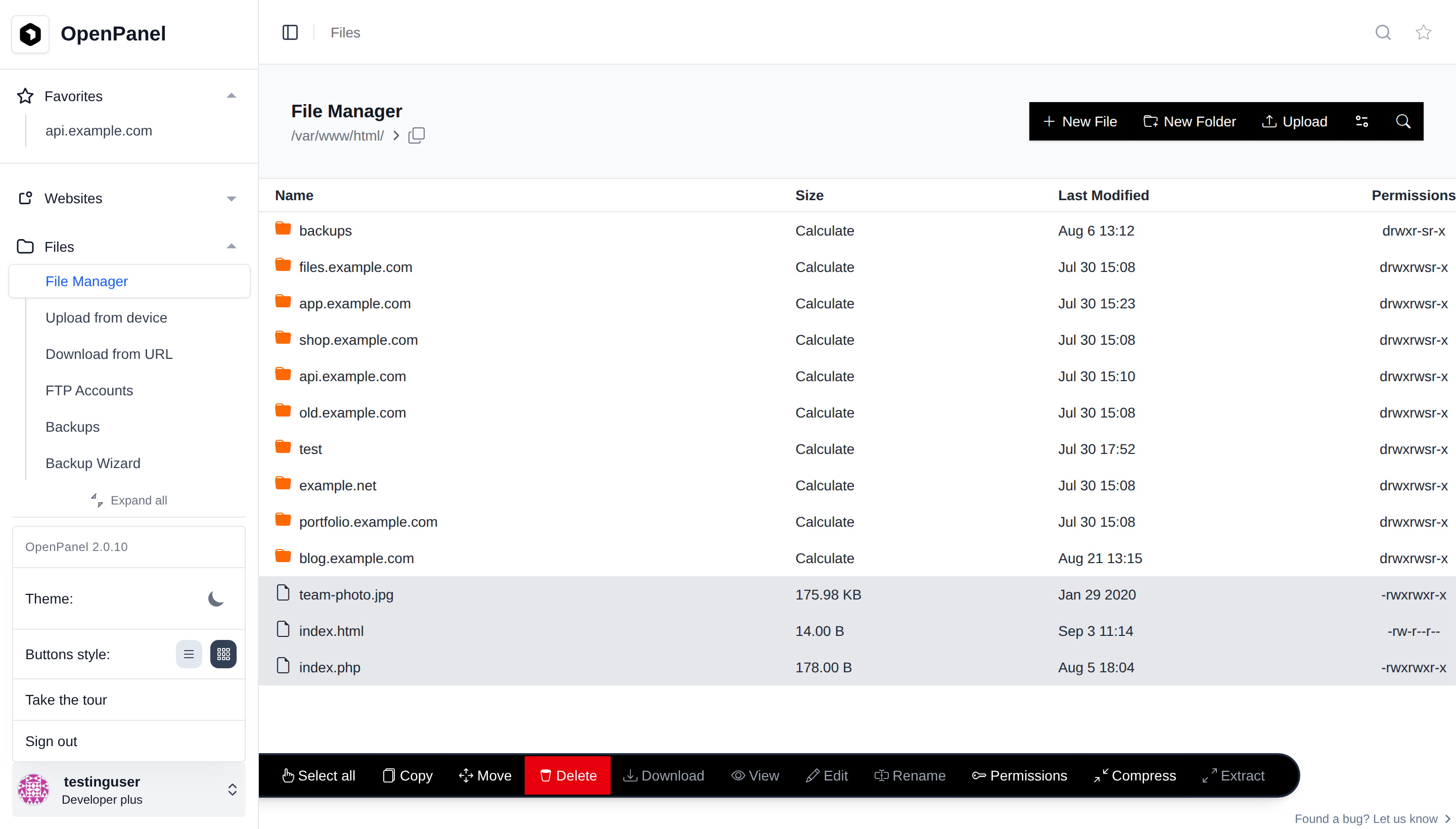 File Manager in Modern button style with three items selected, the floating action bar at the bottom, and the account menu open showing the Buttons style switch