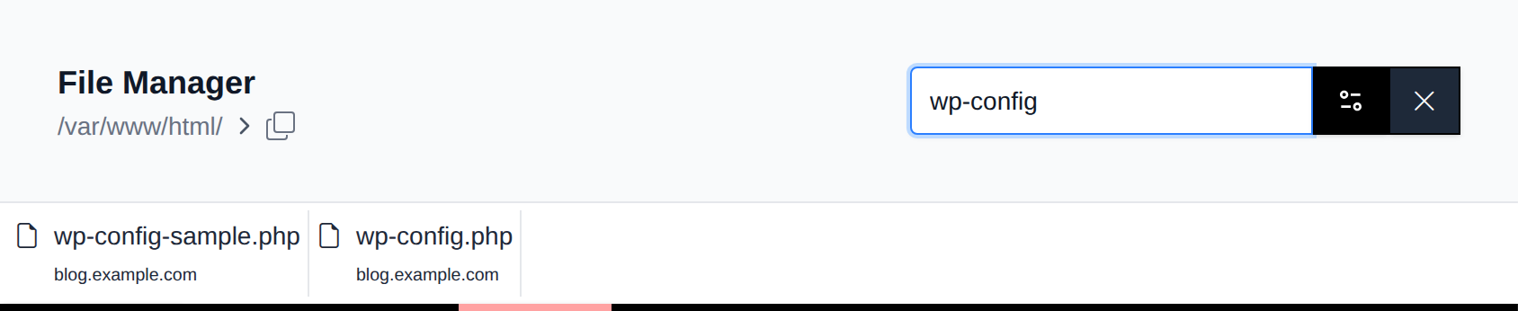 File Manager search box opened from its magnifying glass icon, with results for wp-config
