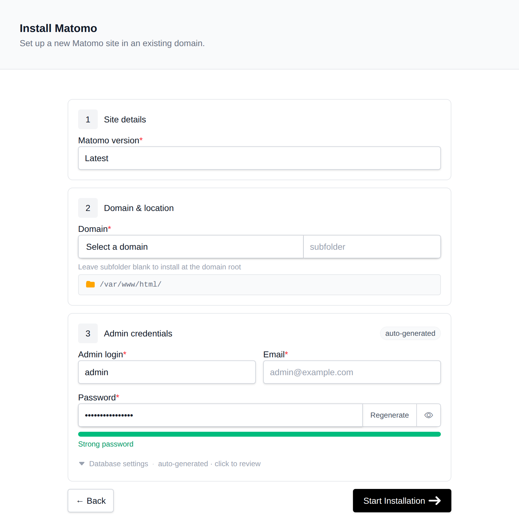 Install Matomo form with the site details, domain and location, and admin credentials