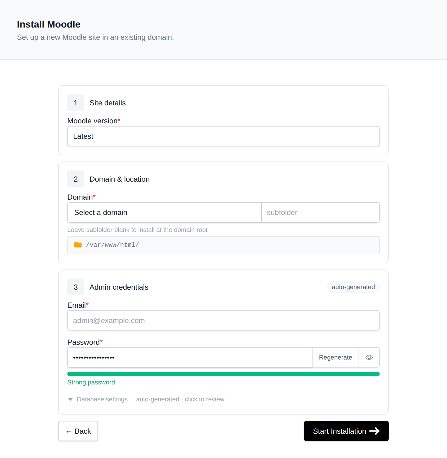 Install Moodle form with the site details, domain and location, and admin credentials