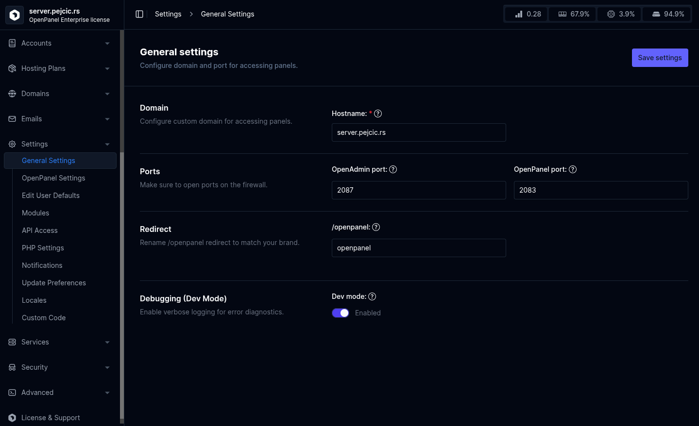openadmin general panel settings