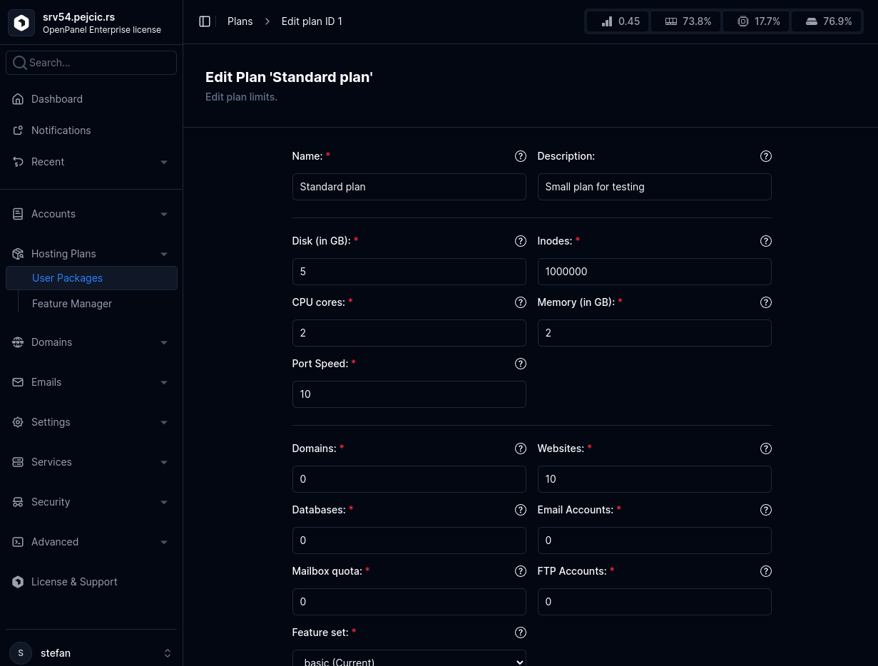 openadmin plans edit limits