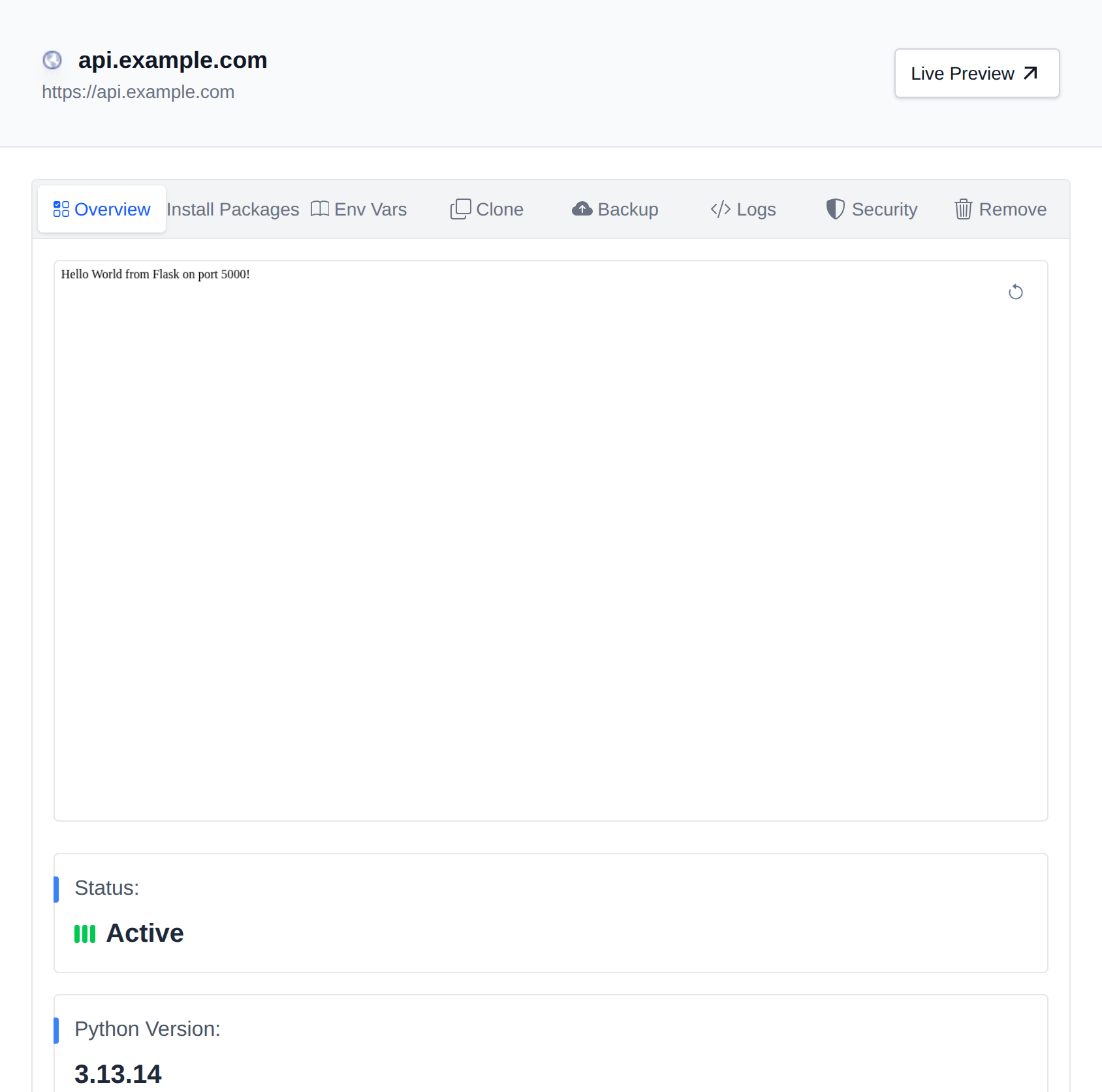 Python application page with its status, runtime version, CPU and memory limits, and Stop and Restart actions