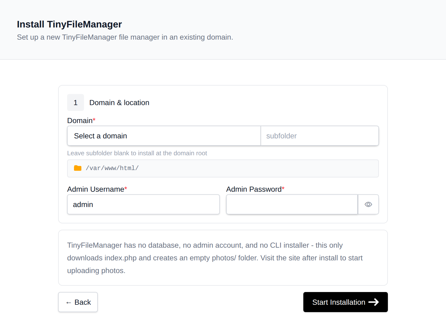 Install TinyFileManager form with the site details, domain and location, and admin credentials