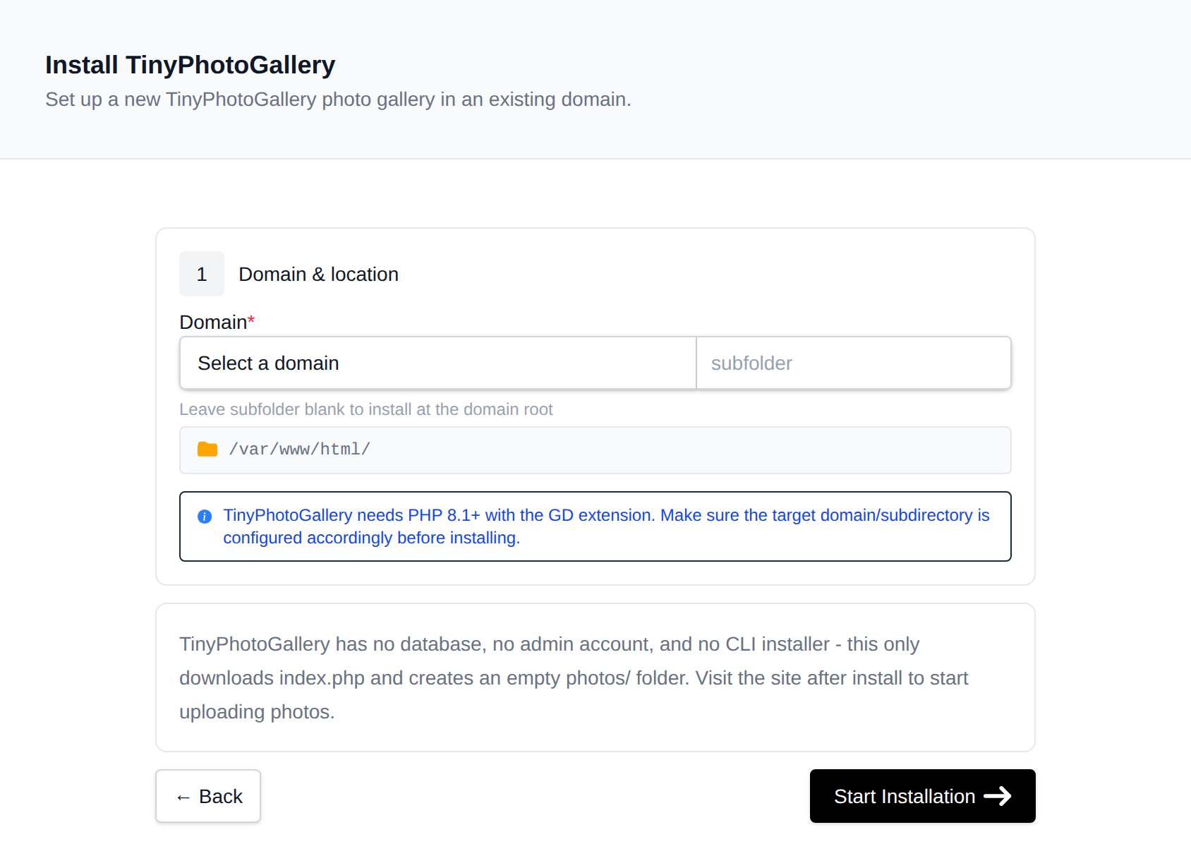 Install TinyPhotoGallery form with the site details, domain and location, and admin credentials