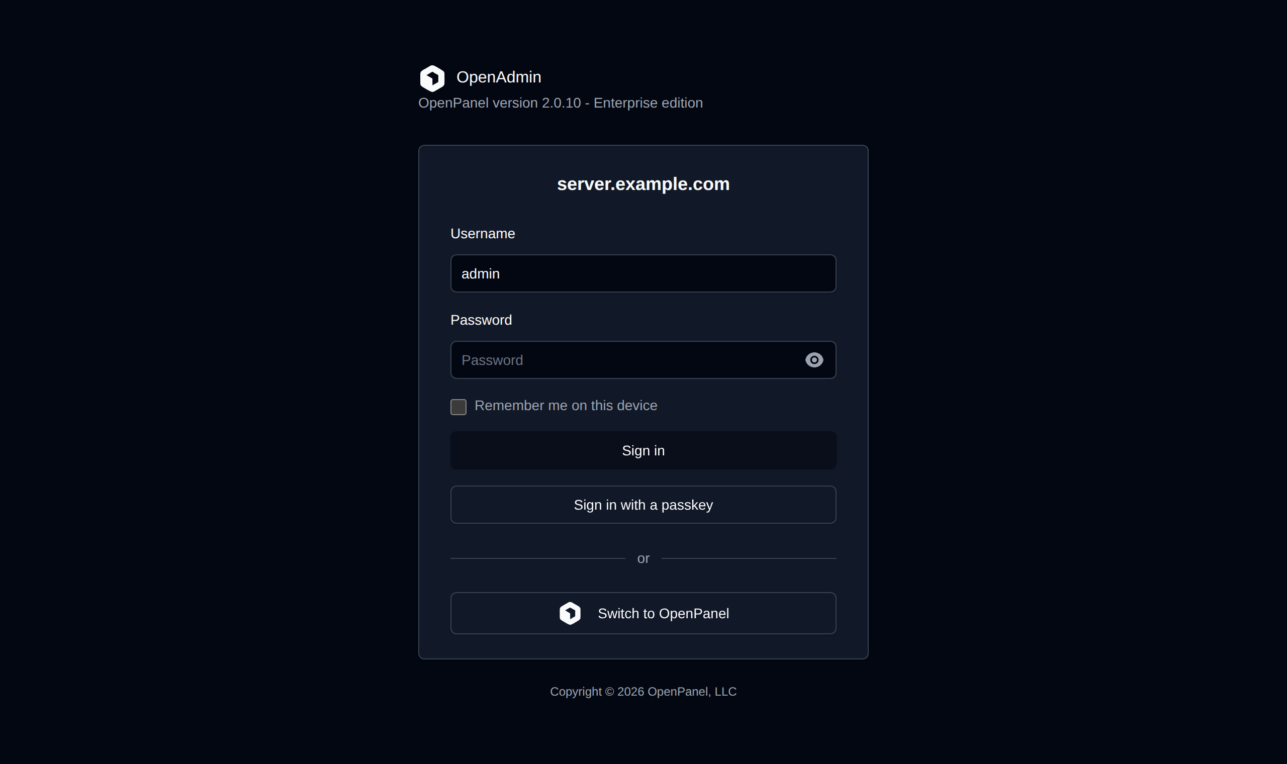 OpenAdmin login form with the username and password fields, Remember me, passkey sign-in and the Switch to OpenPanel button