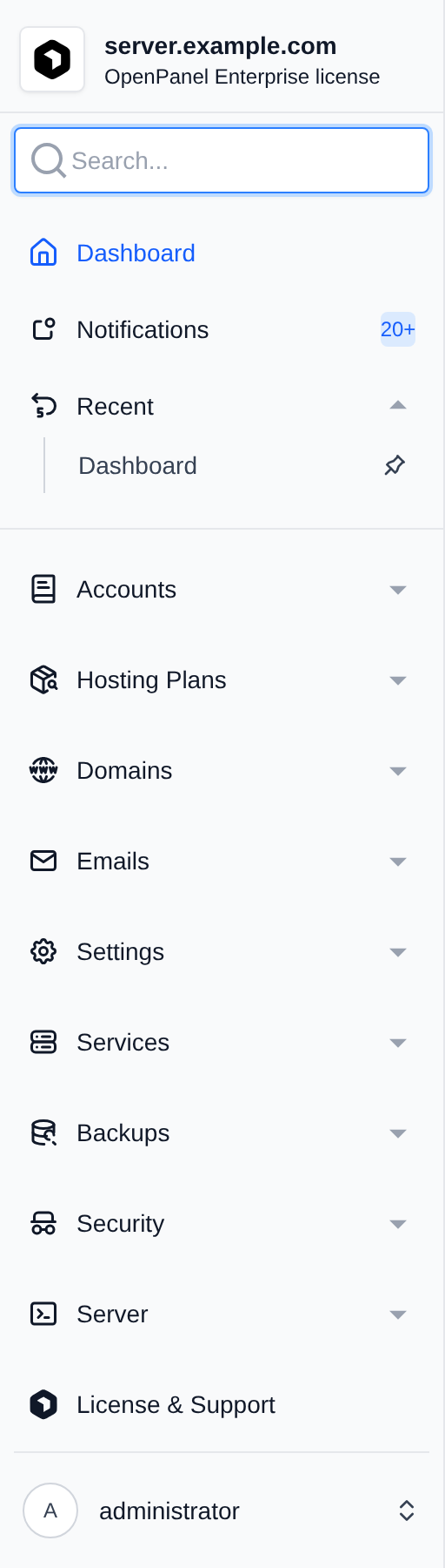 OpenAdmin sidebar menu with the Accounts, Hosting Plans, Domains, Emails, Services, Security, Settings and Advanced sections