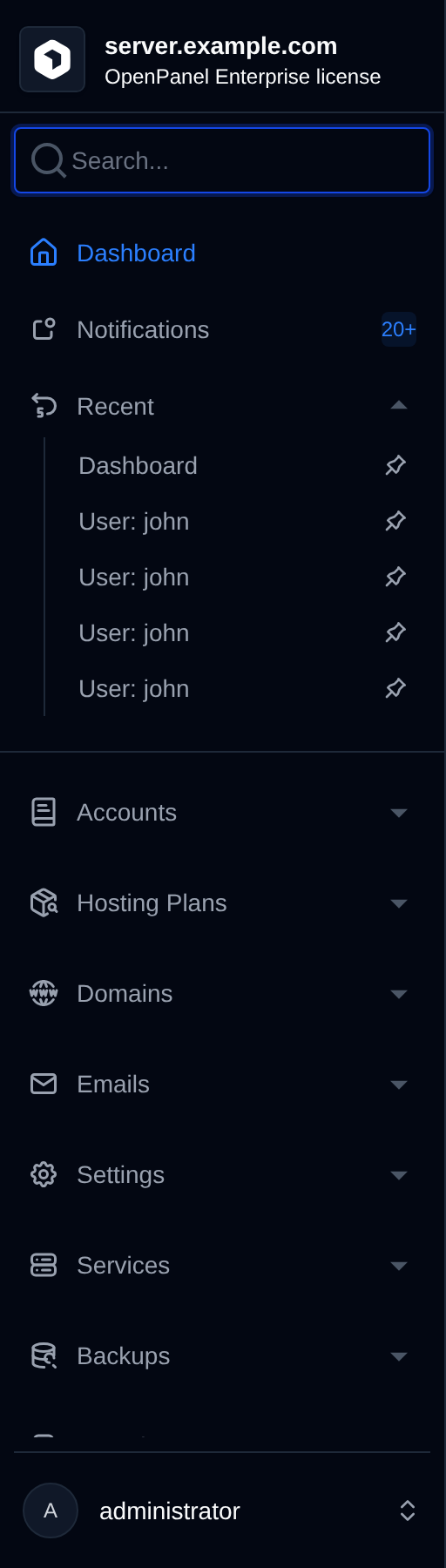 OpenAdmin sidebar menu with the Accounts, Hosting Plans, Domains, Emails, Services, Security, Settings and Advanced sections