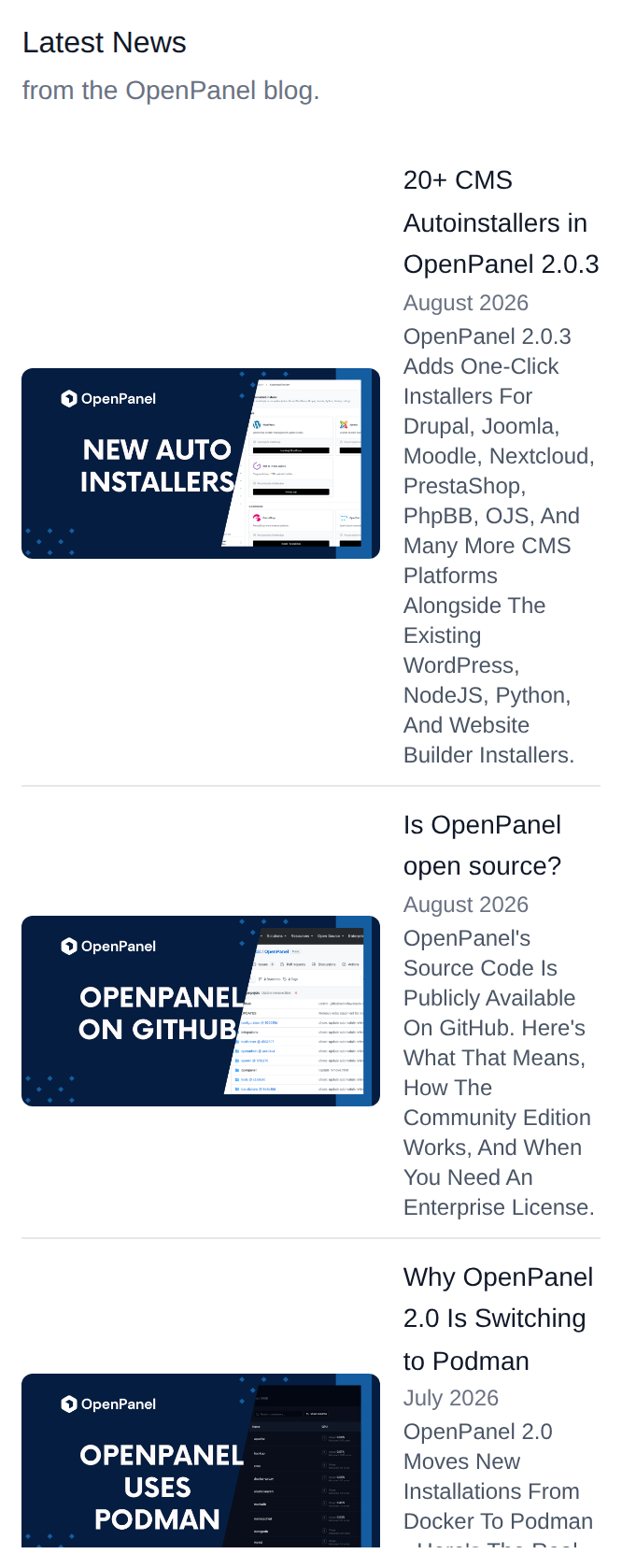Latest News widget with articles from the OpenPanel blog