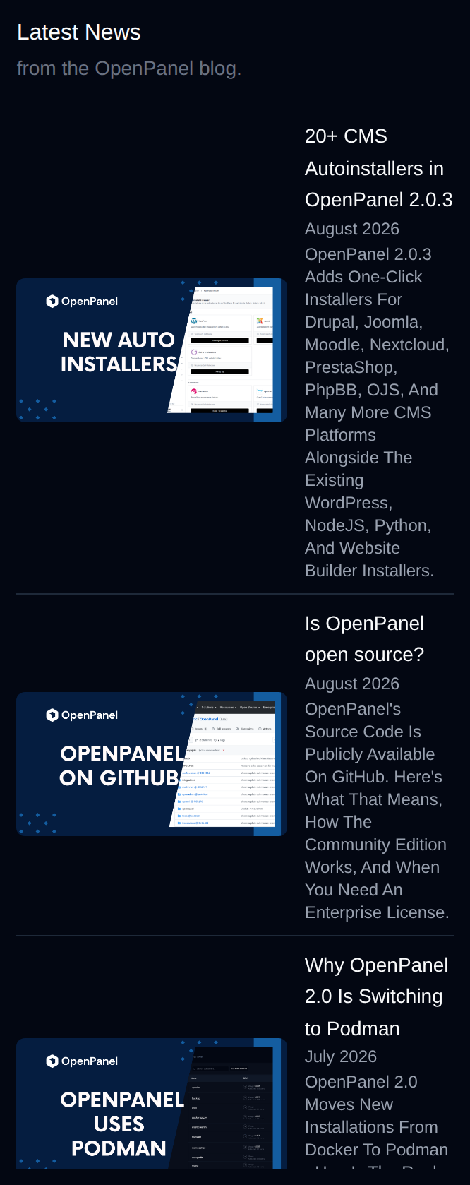 Latest News widget with articles from the OpenPanel blog