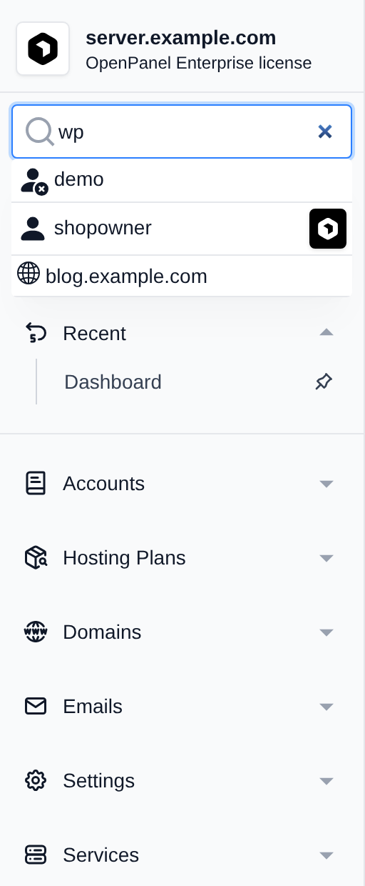 Search box in the OpenAdmin sidebar with matching pages, users and websites