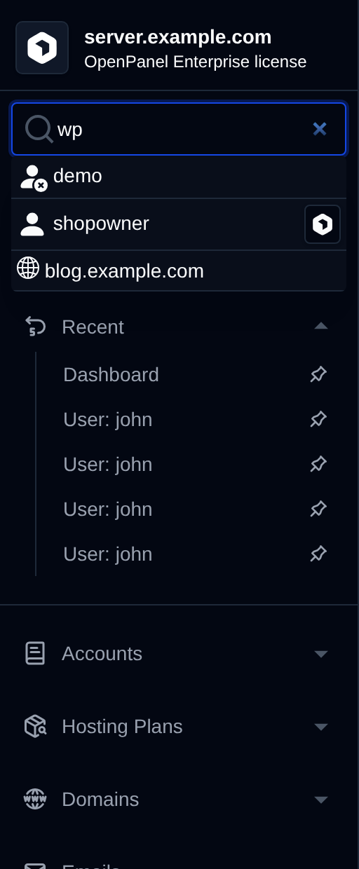 Search box in the OpenAdmin sidebar with matching pages, users and websites