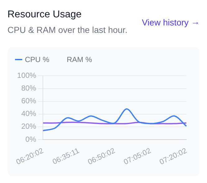 Resource Usage widget with a chart of CPU and RAM usage over the last hour and the View history link