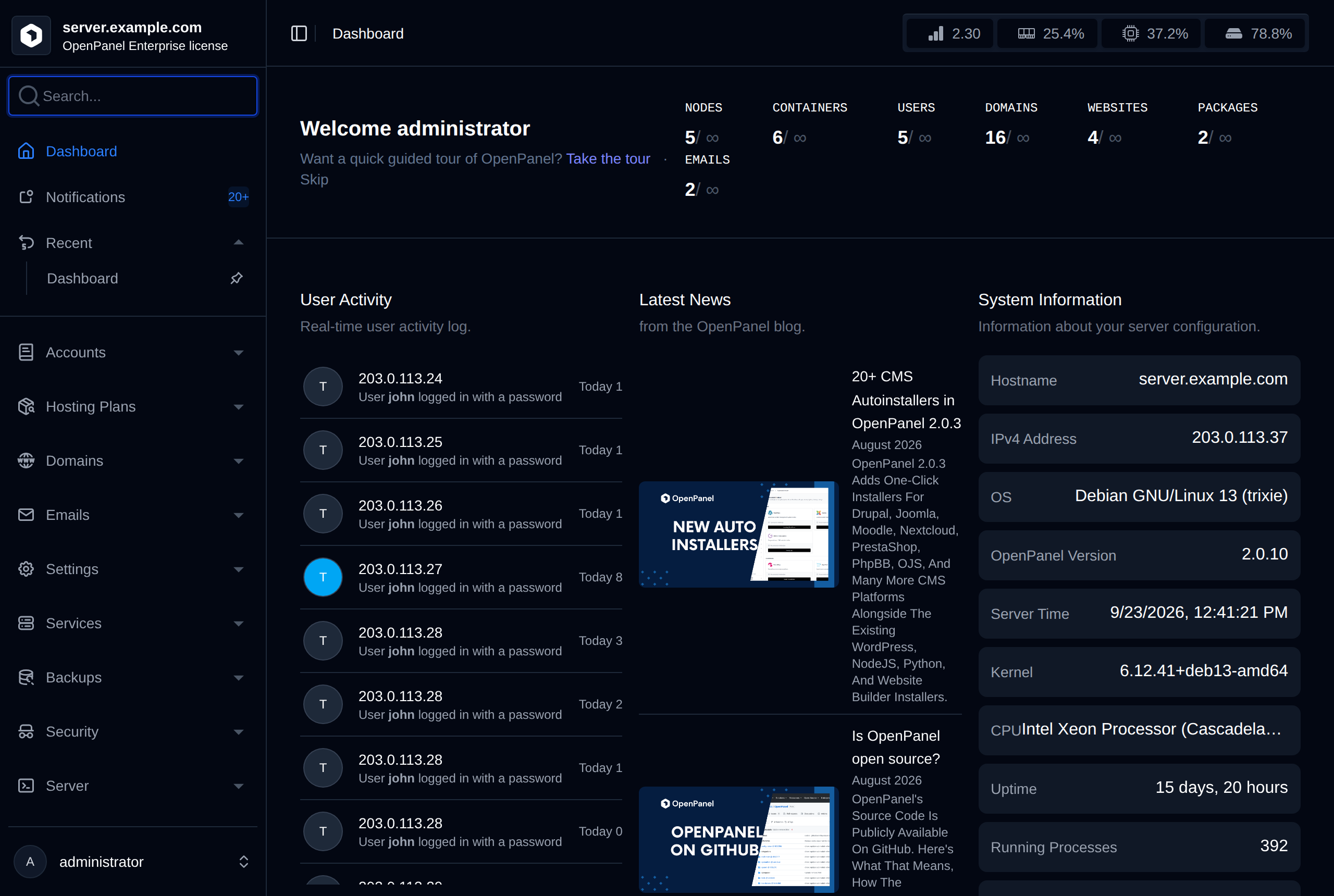 OpenAdmin dashboard in dark mode