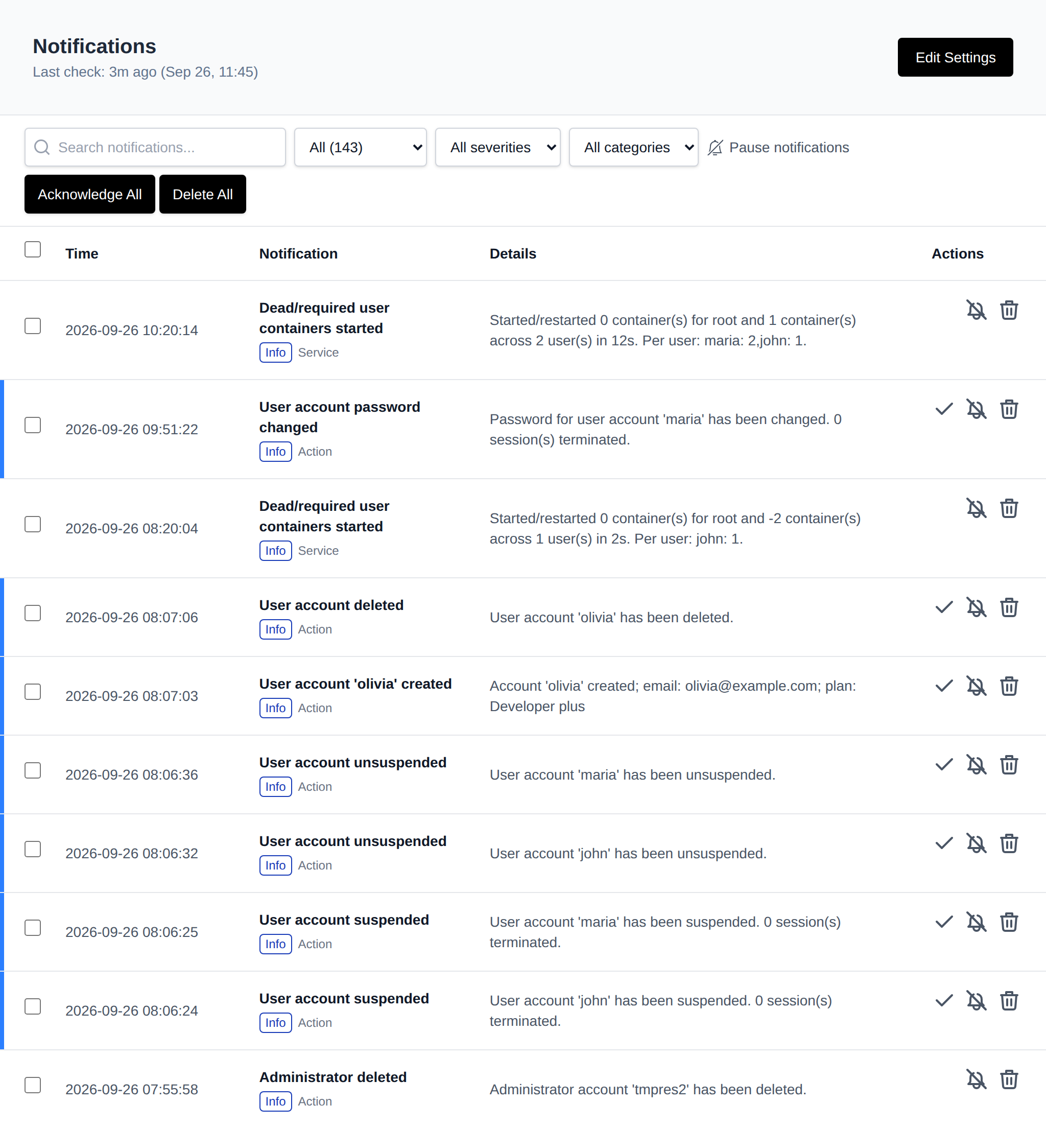Notifications page listing recorded system alerts with the time, notification and details, and the Edit Settings, Pause notifications, Acknowledge All and Delete All buttons