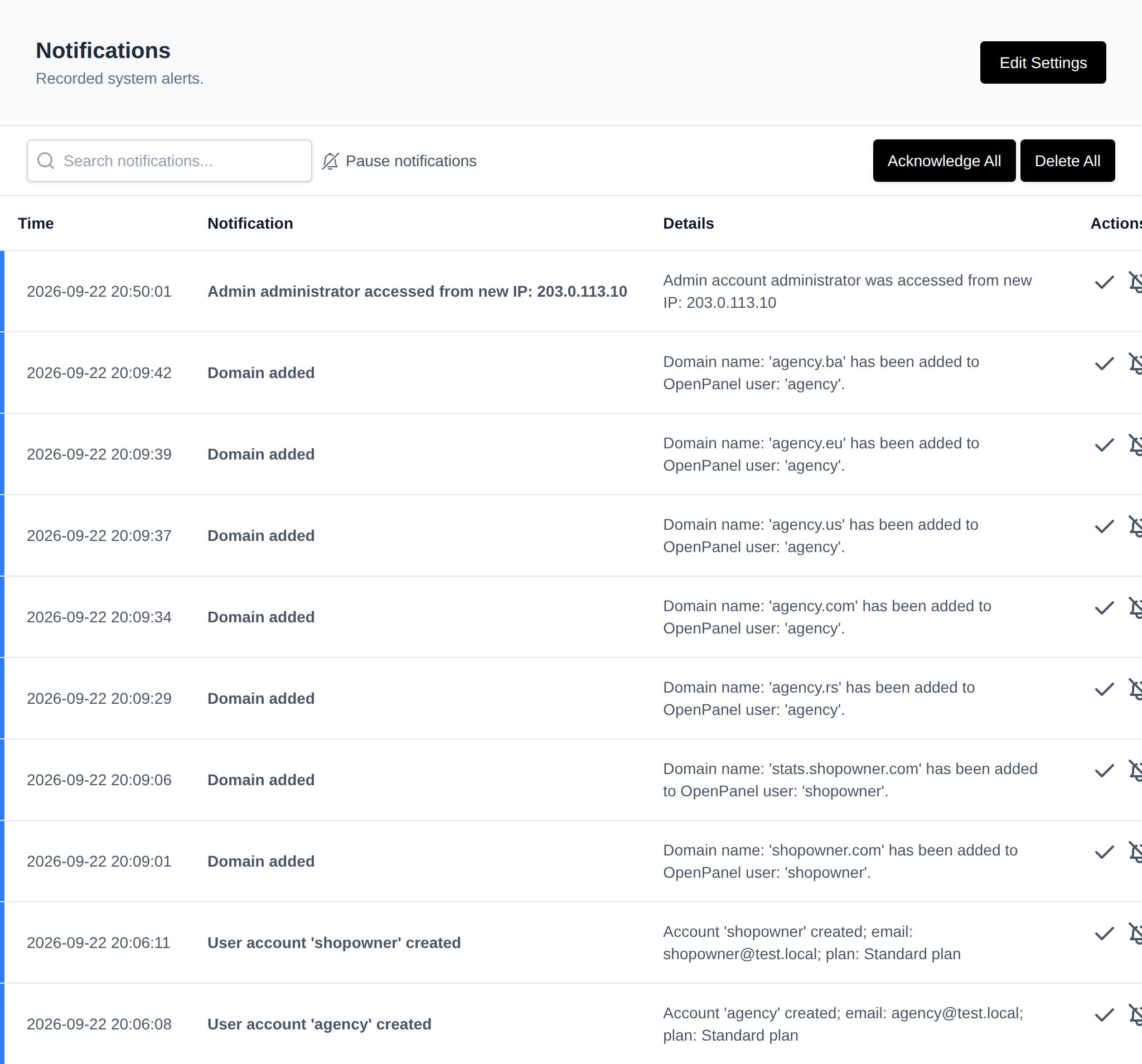 Notifications page listing recorded system alerts with the time, notification and details, and the Edit Settings, Pause notifications, Acknowledge All and Delete All buttons