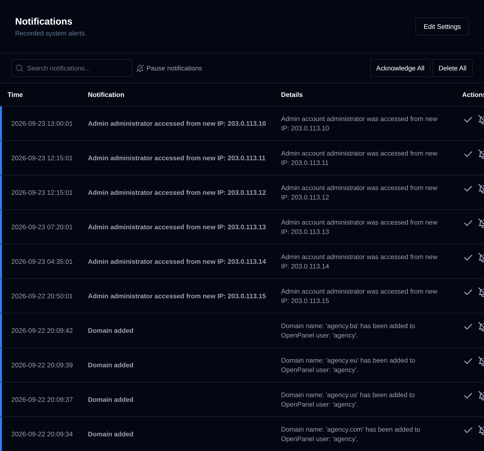 Notifications page listing recorded system alerts with the time, notification and details, and the Edit Settings, Pause notifications, Acknowledge All and Delete All buttons