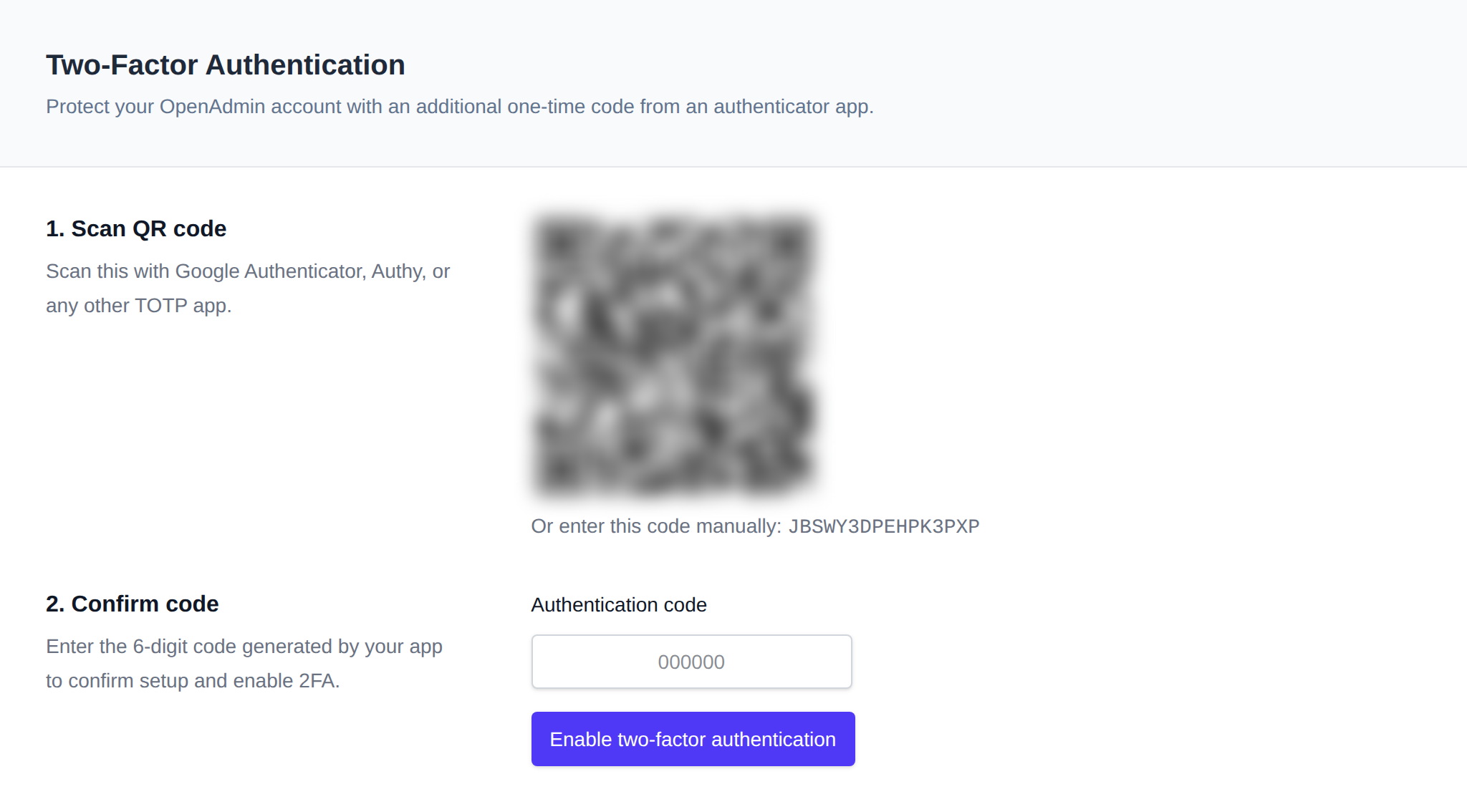 Two-Factor Authentication page with the QR code to scan, the secret key and the field for the authentication code