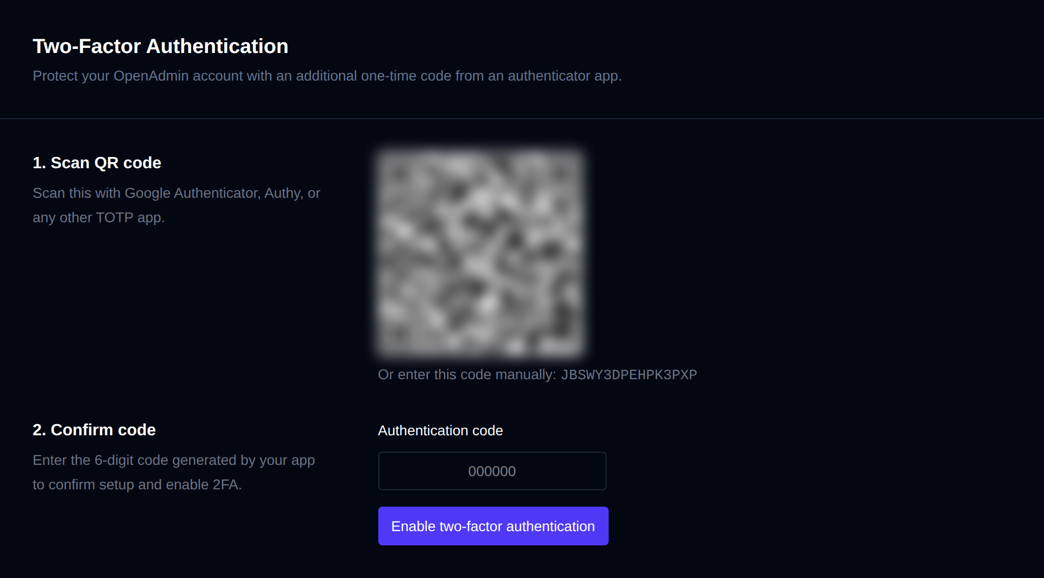 Two-Factor Authentication page with the QR code to scan, the secret key and the field for the authentication code