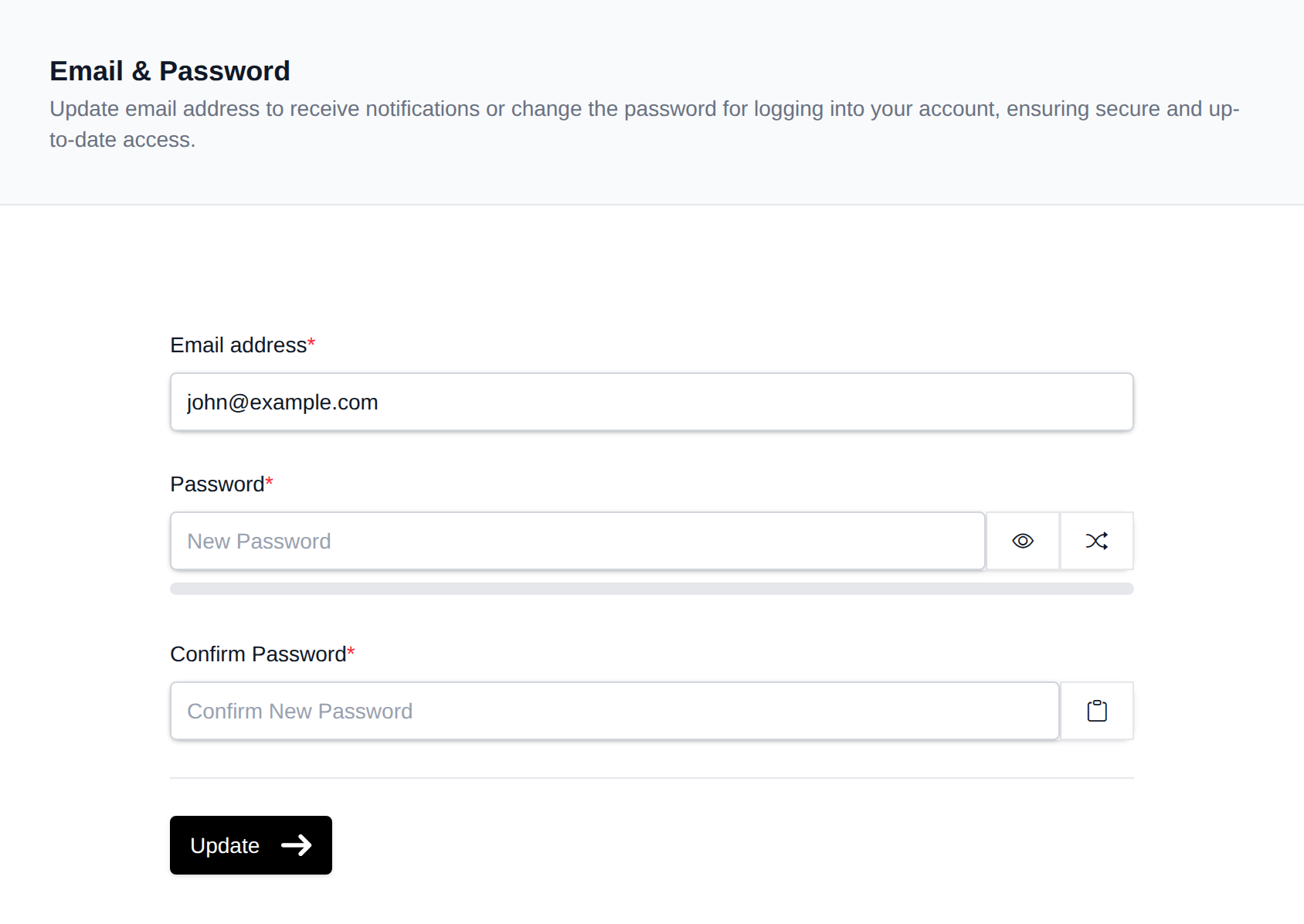 Email &amp; Password page with the email address, new password and confirm password fields