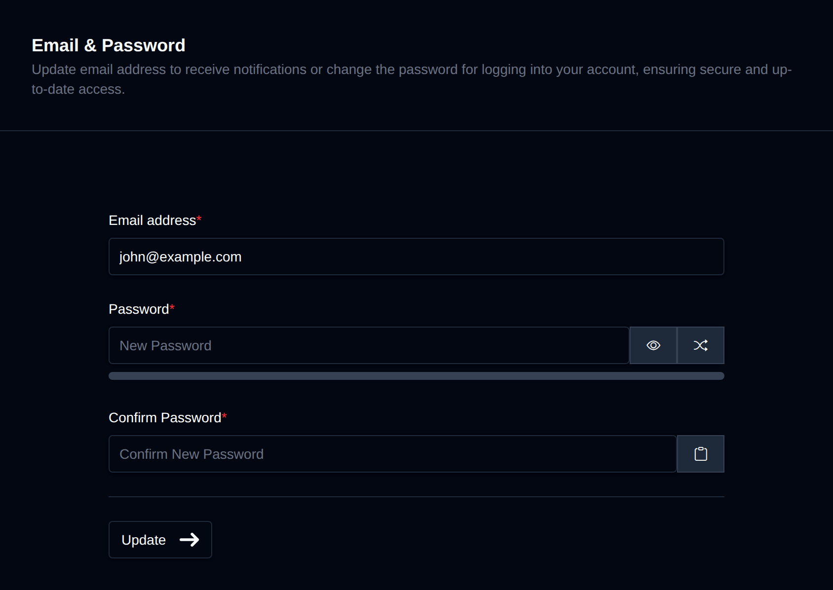 Email & Password page with the email address, new password and confirm password fields
