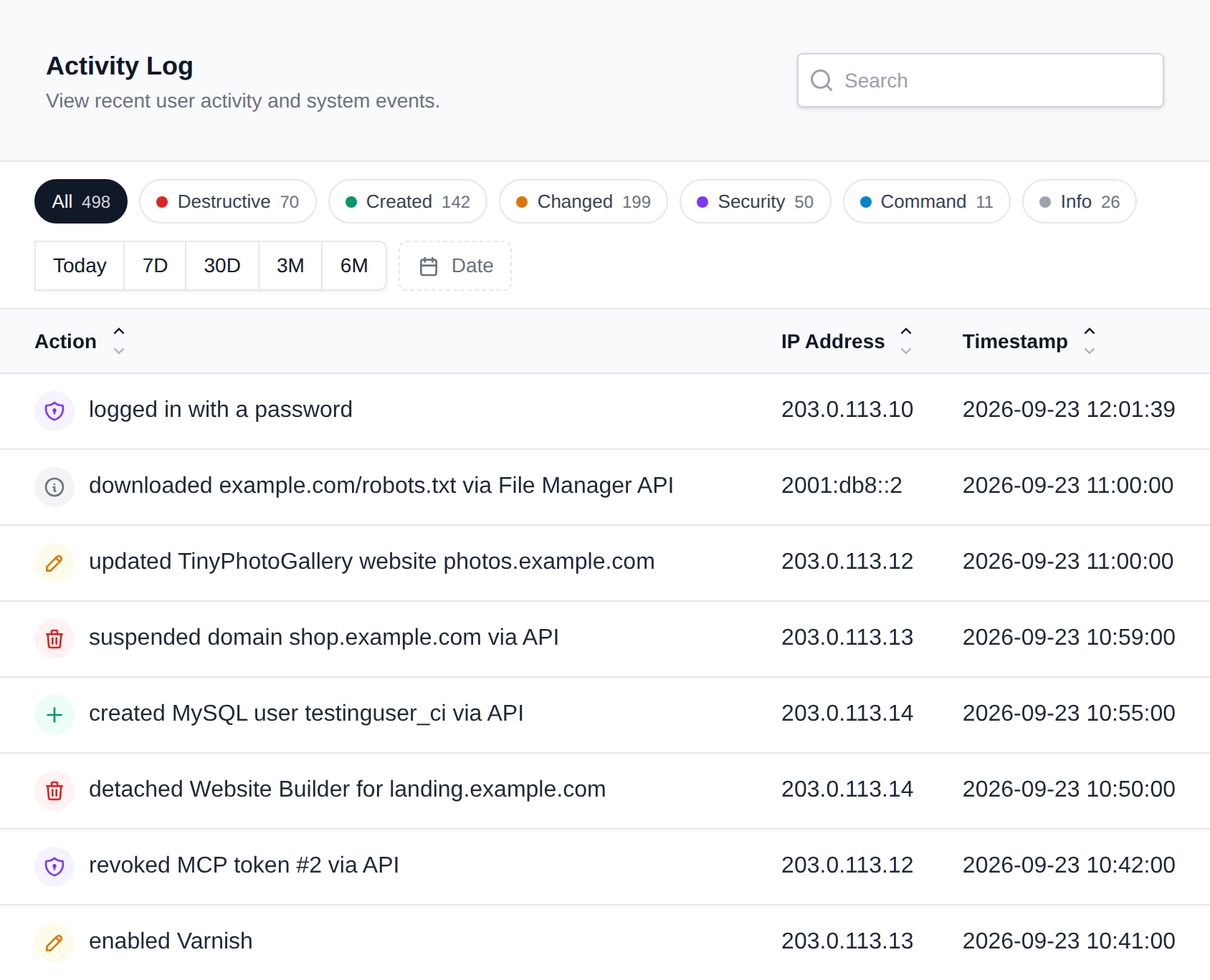 Activity Log with type filter buttons, quick date ranges and a table of actions, each with a colored icon for its type