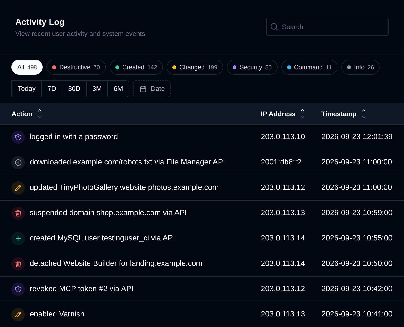 Activity Log with type filter buttons, quick date ranges and a table of actions, each with a colored icon for its type