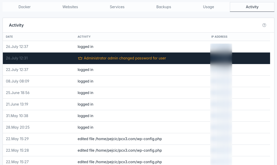 openadmin users single user view activity tab