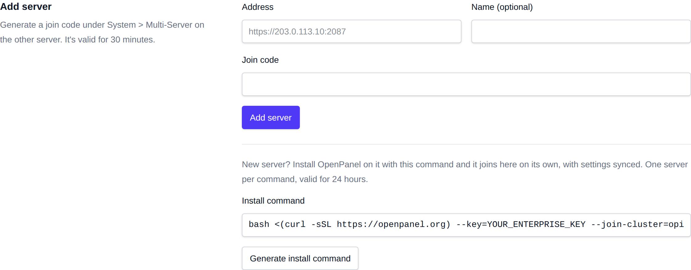 Add server section with the address, name and join code fields and a generated install command