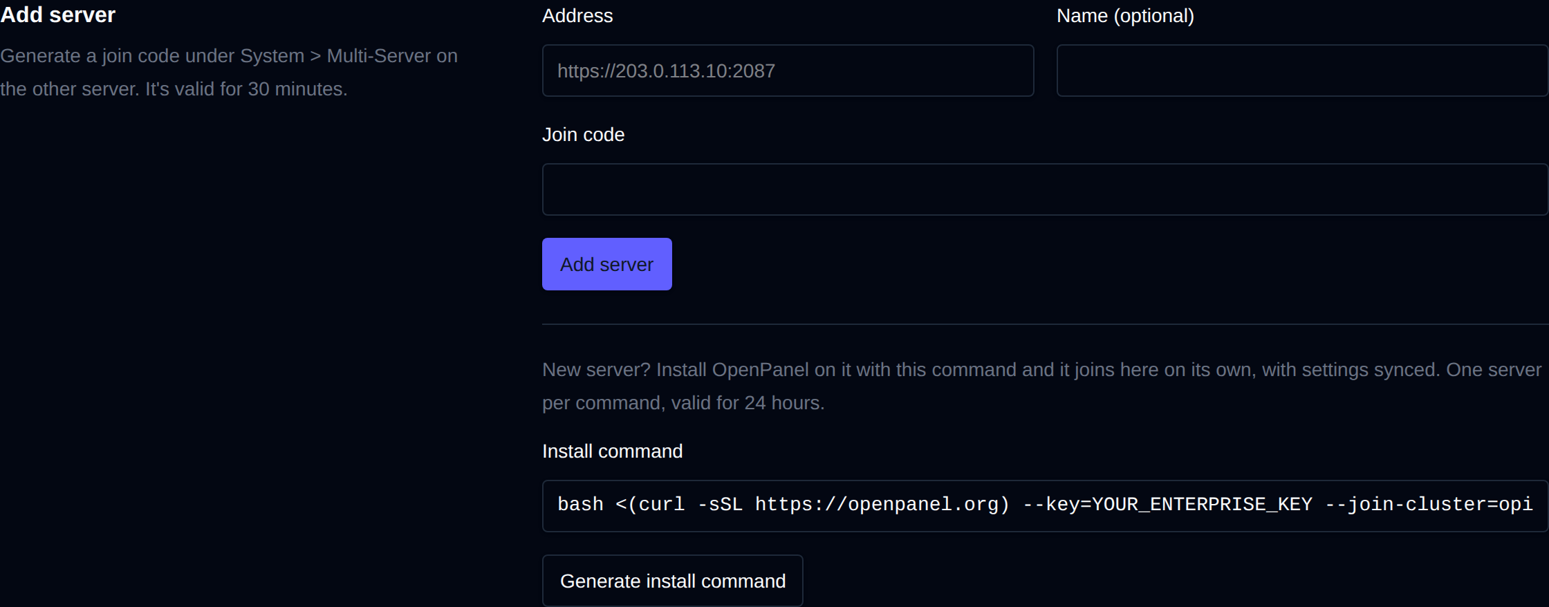 Add server section with the address, name and join code fields and a generated install command