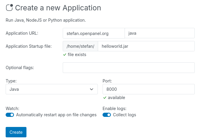 add java application in OpenPanel