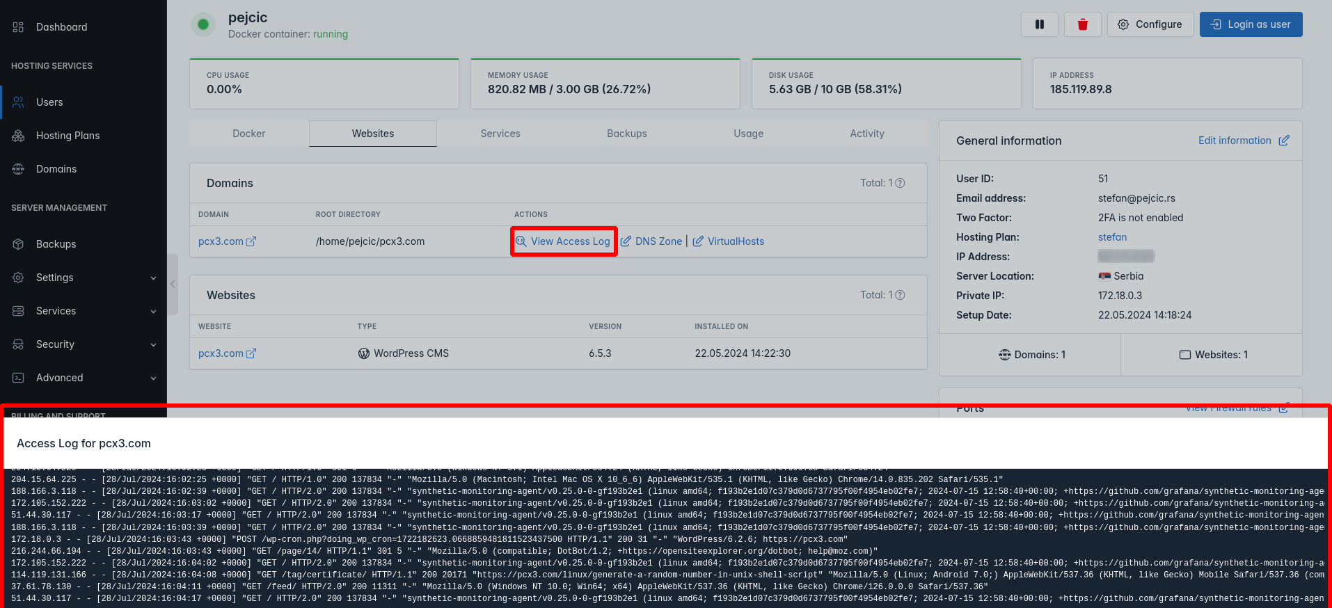 openadmin users single user view domain access log