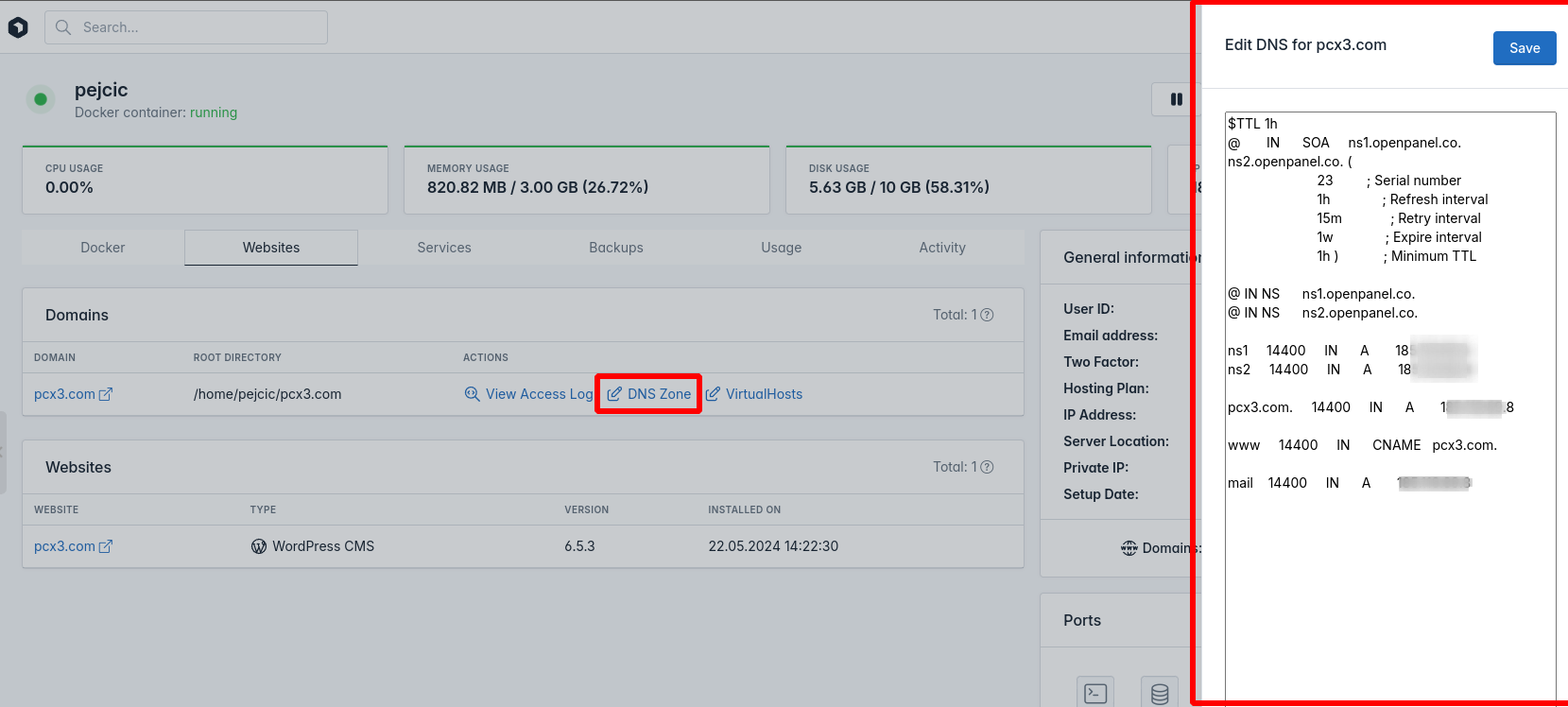 openadmin users single user view domain dns zone