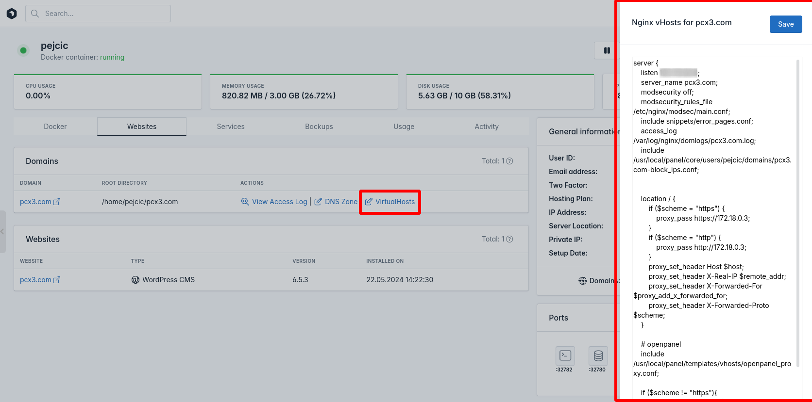 openadmin users single user view domain vhosts file