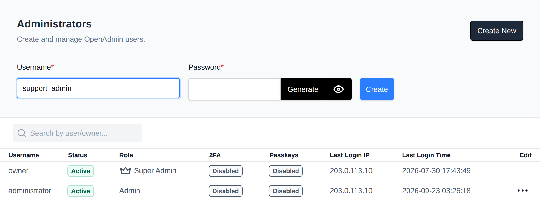 Create New administrator form with the username and password fields