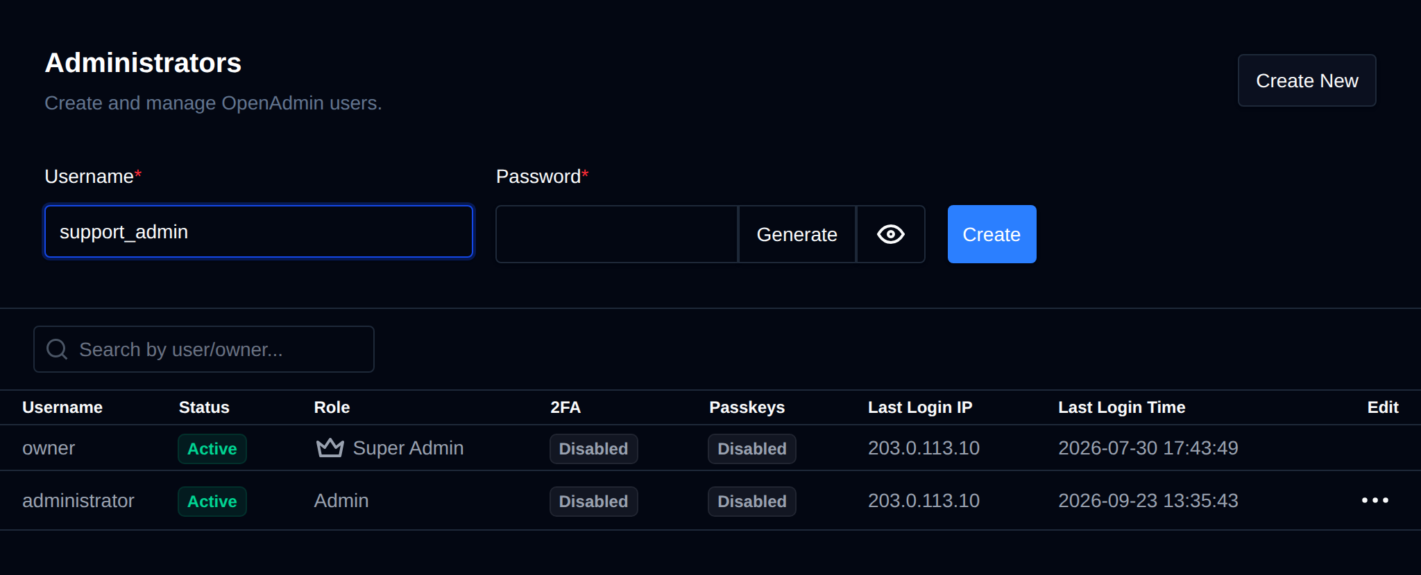 Create New administrator form with the username and password fields