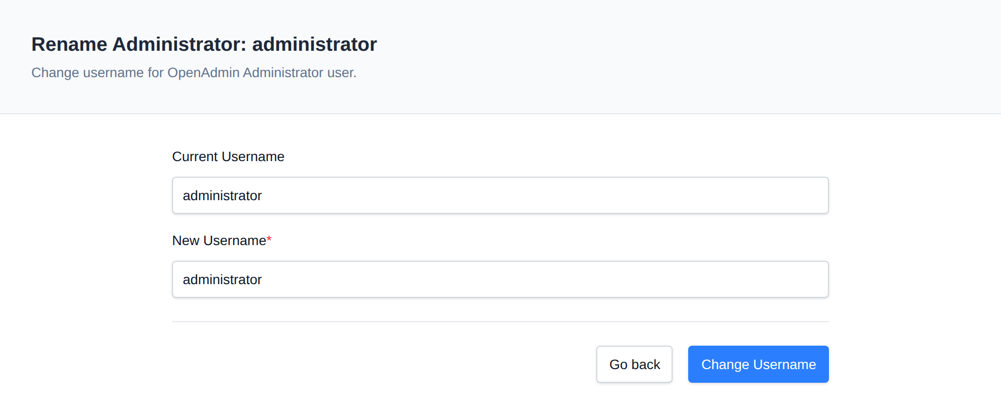 Rename administrator form with the new username field and the Change Username button