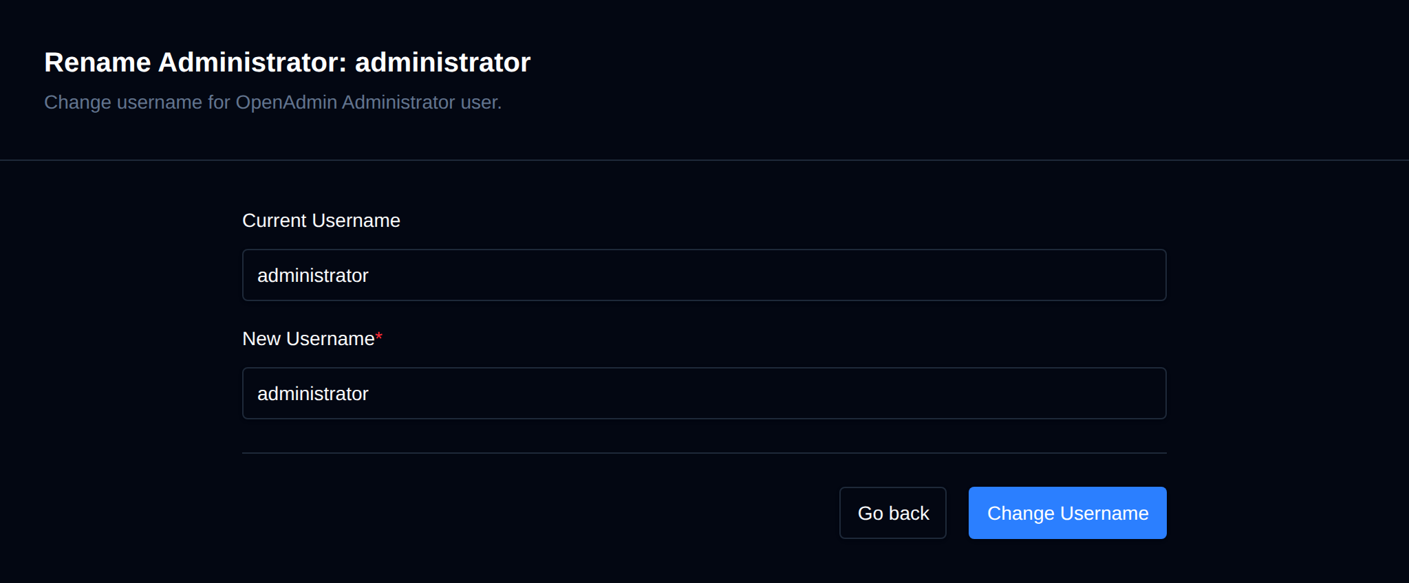 Rename administrator form with the new username field and the Change Username button